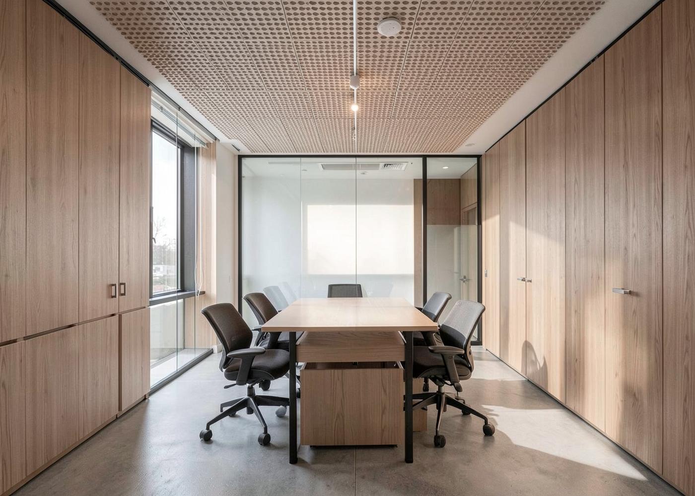 Office meeting room with oak joinery, glass partition and acoustic ceiling