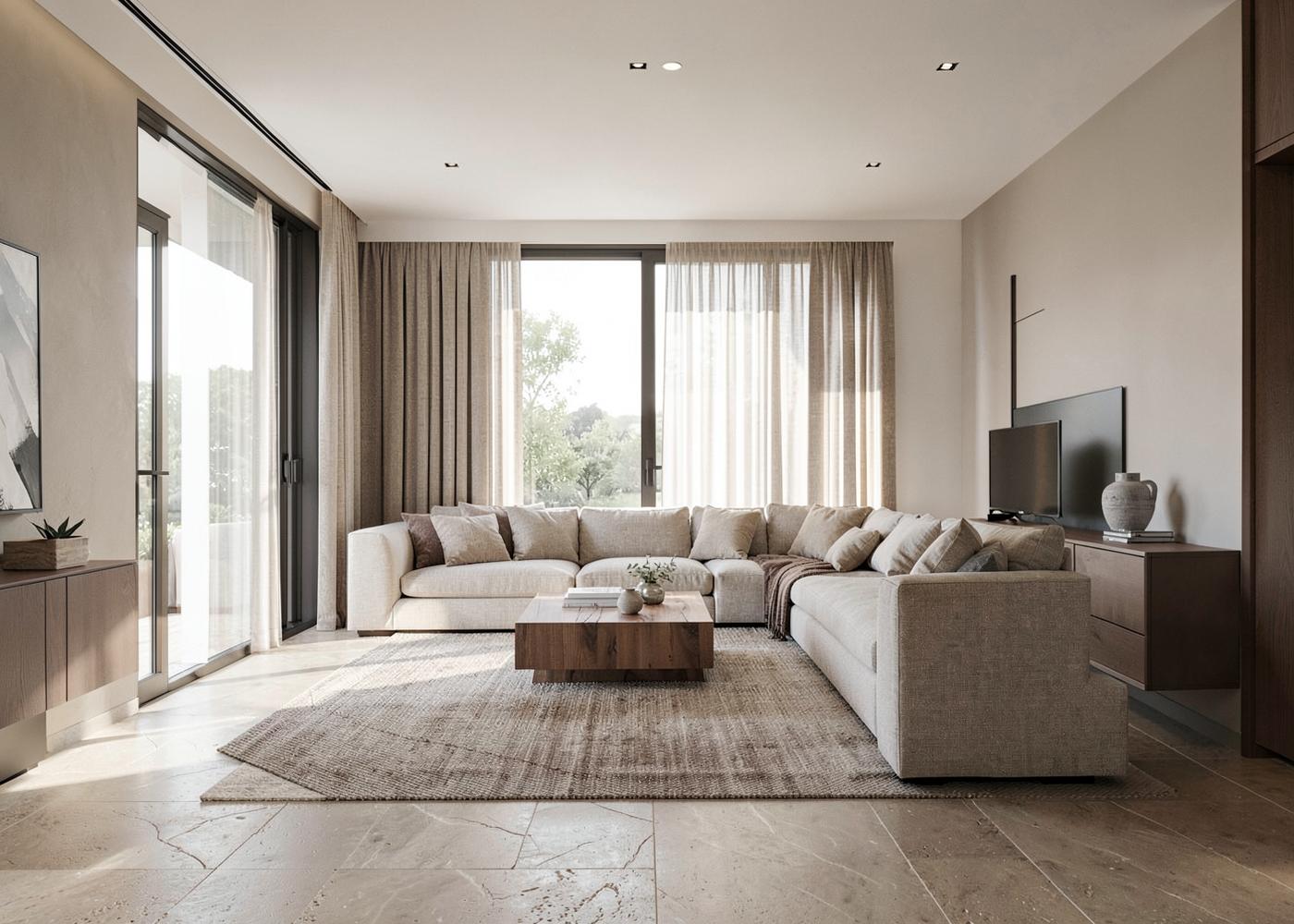 Minimal villa living room with stone floors and linen seating